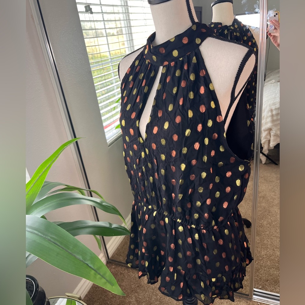 Walter Baker Black Metallic Polka Dot Peplum Halter Top, XL Plus Size NWOT